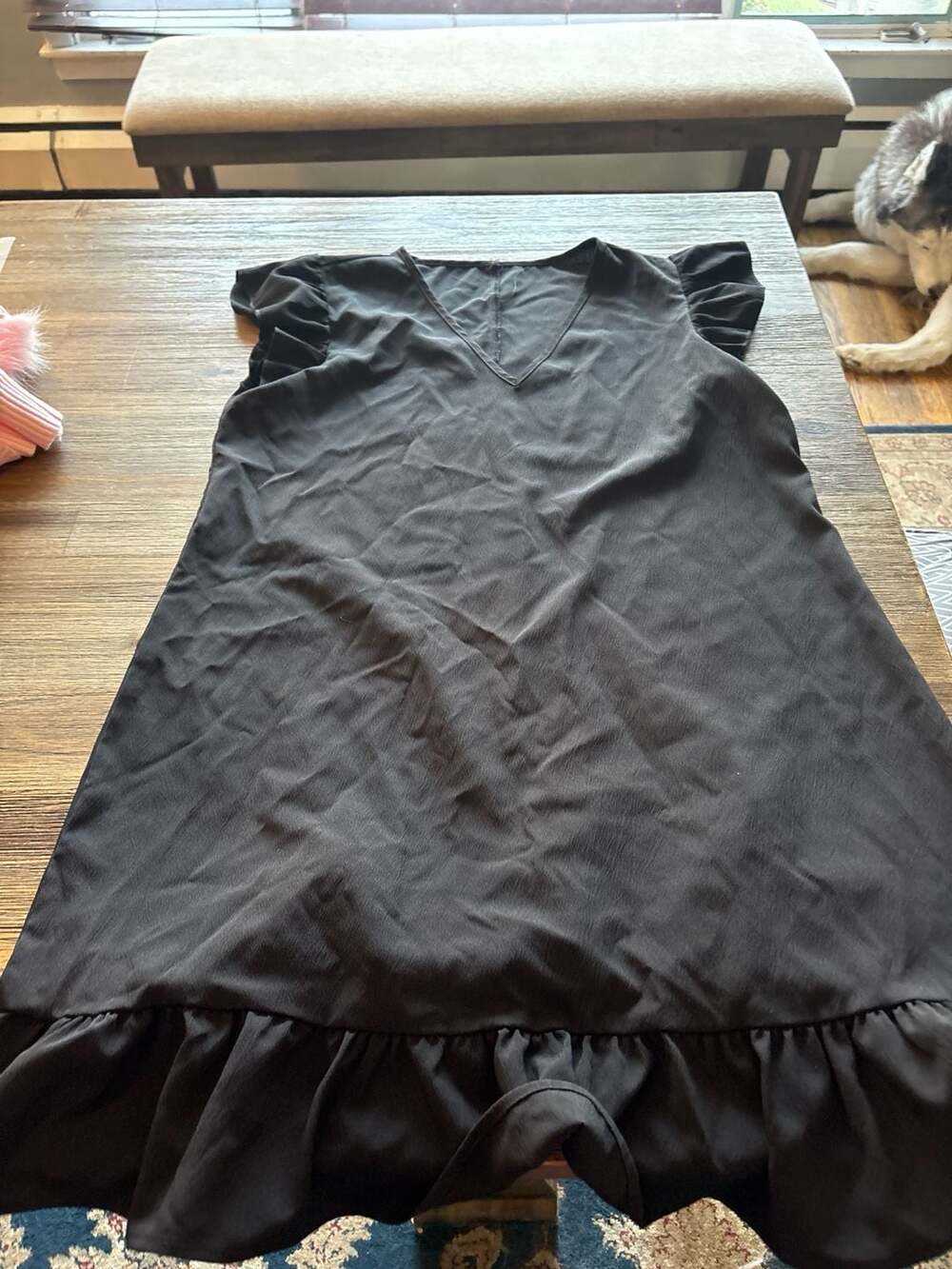Black V-Neck Ruffle Sleeve Ruffle Hem Shift Dress